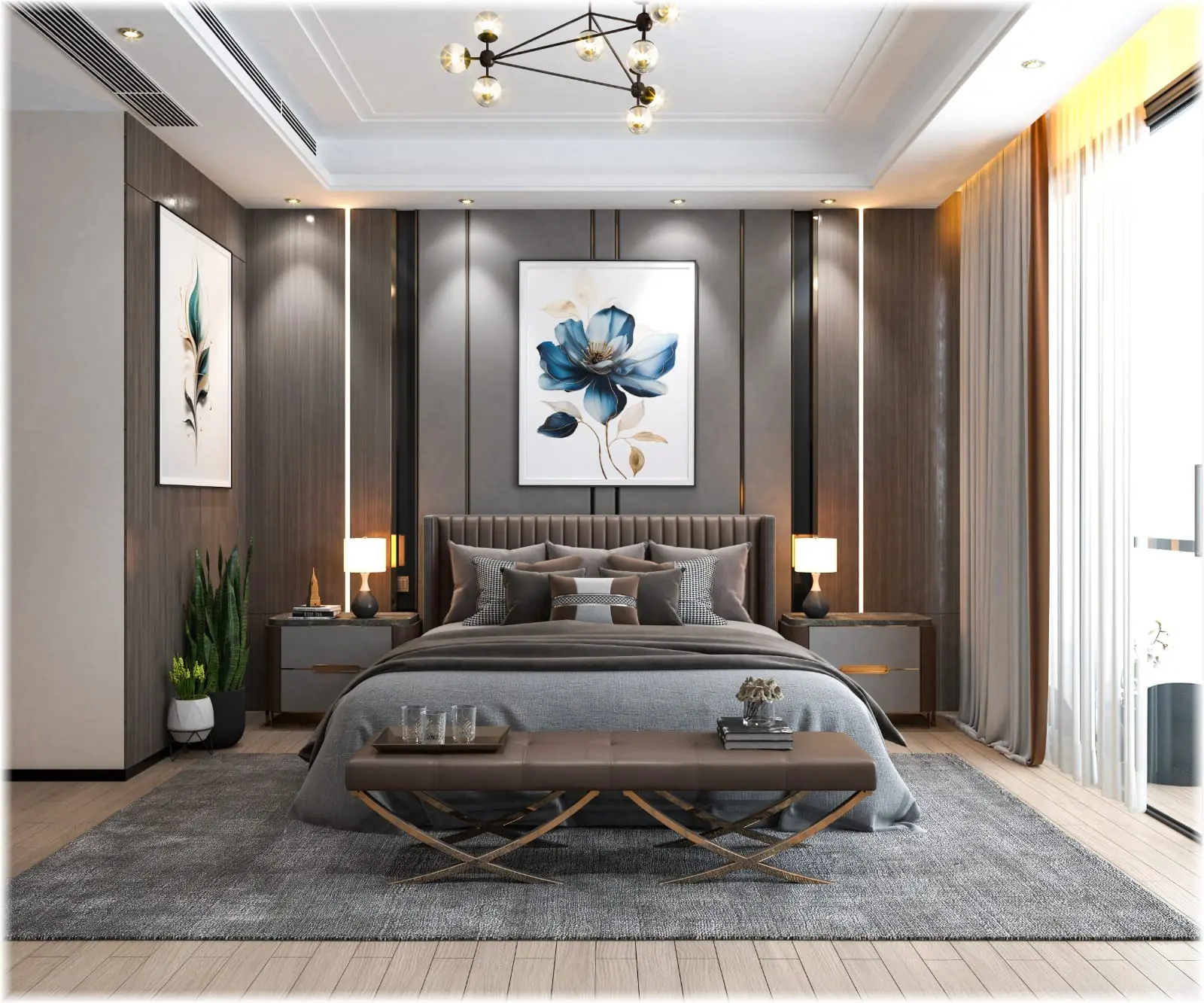 Master bedroom interior design with panelled wall