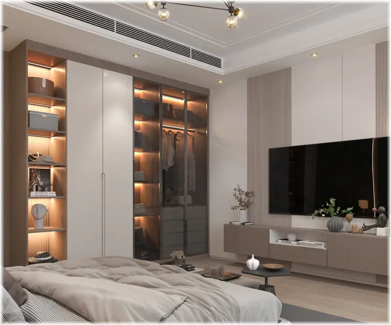 Bedroom with lit wardrobe — AK Construction