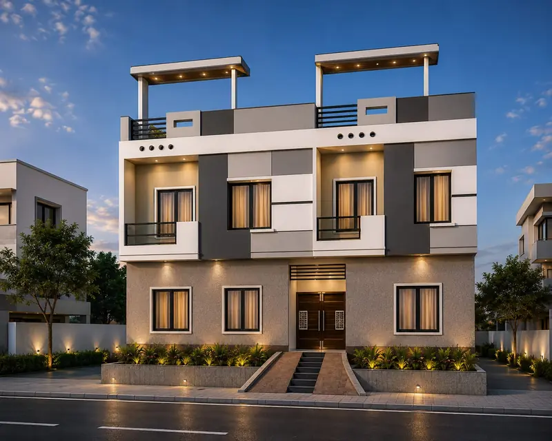 Modern duplex house elevation with rooftop pergola — AK Construction