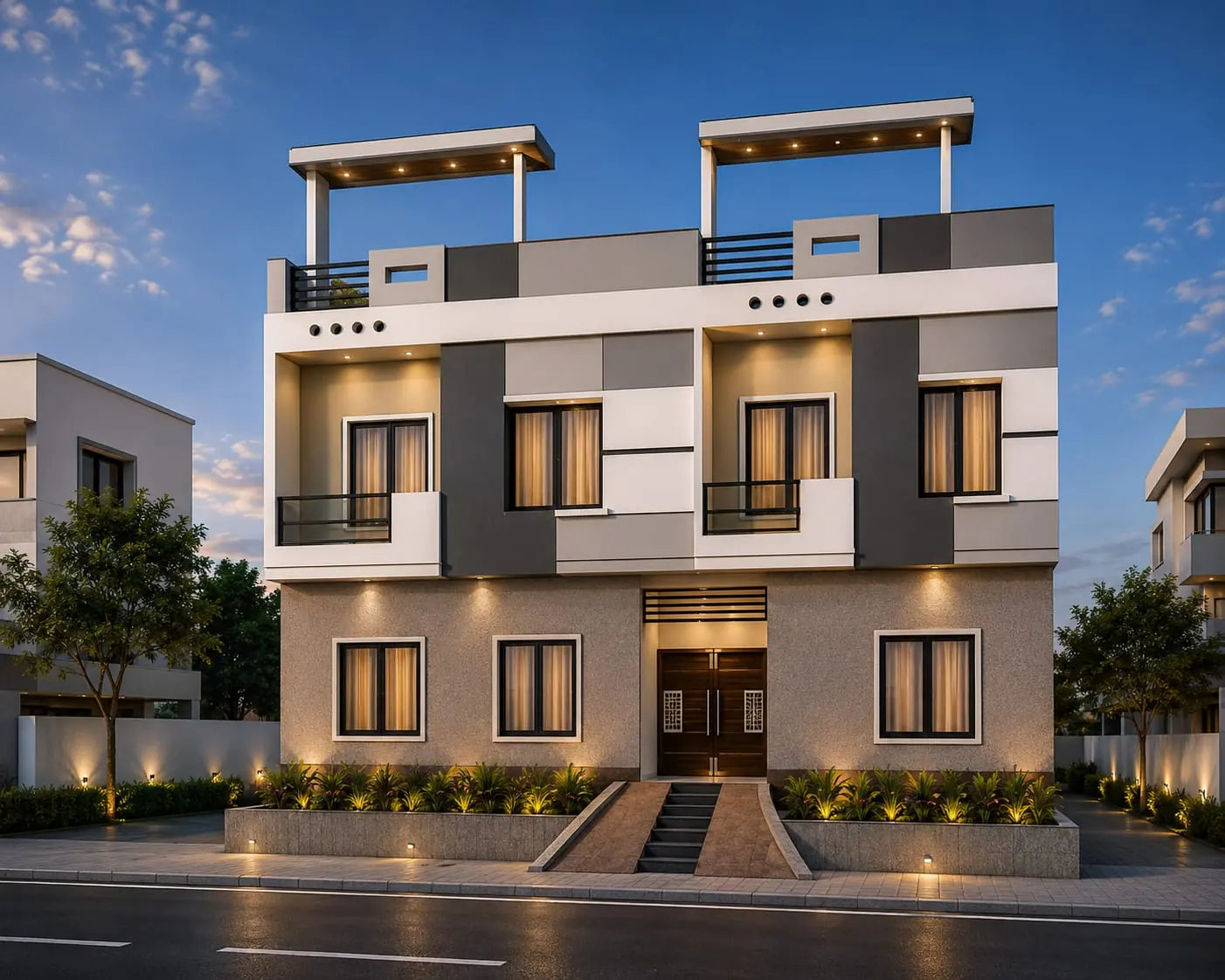 Duplex house front elevation design by AK Construction