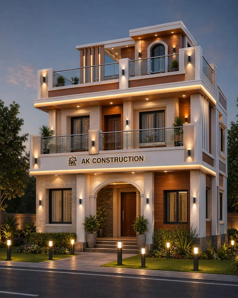 Luxury duplex exterior with AK Construction signage — AK Construction