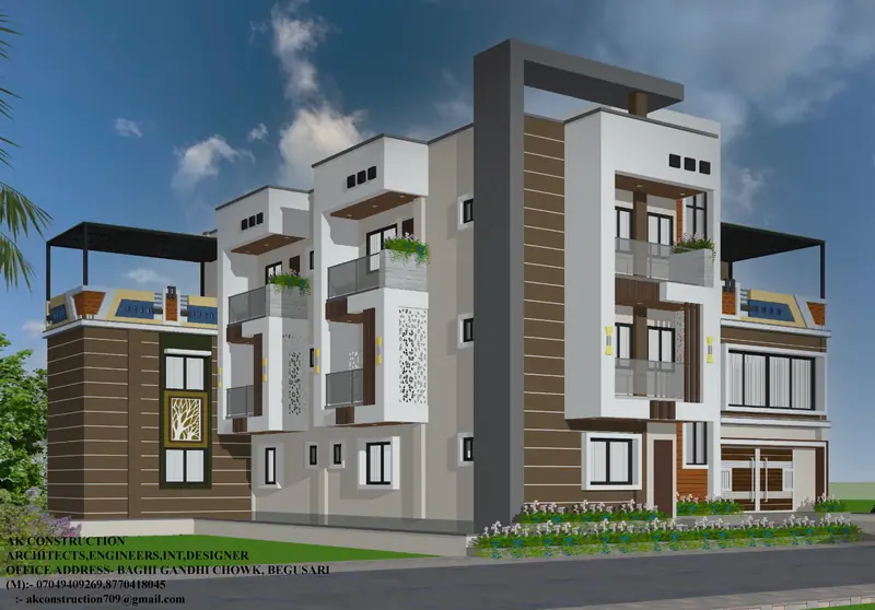 G+2 house elevation with wooden cladding — AK Construction