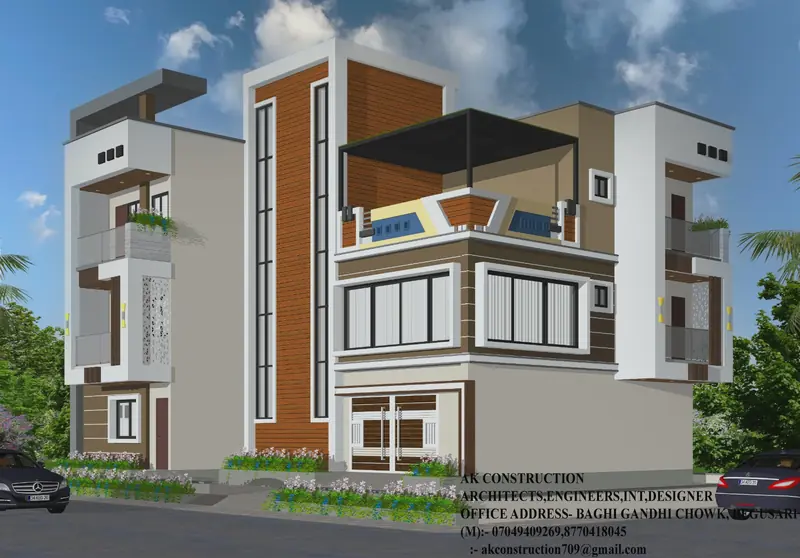 Corner house elevation with pergola — AK Construction