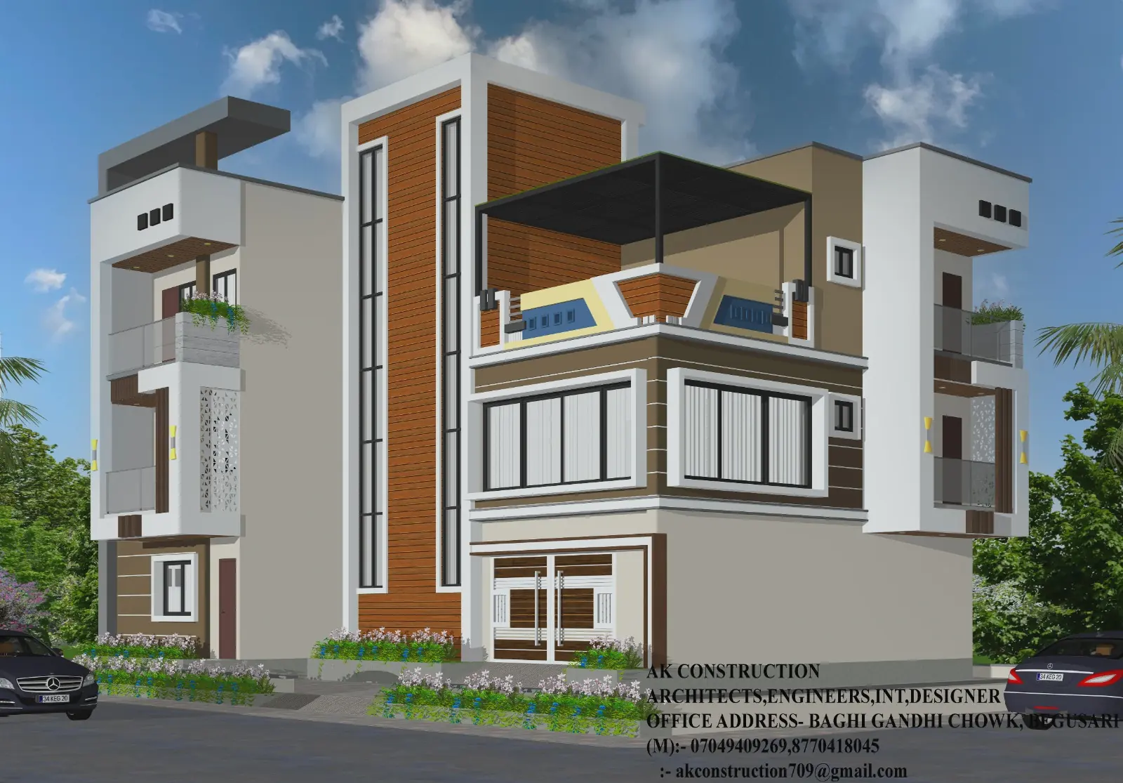 Corner house elevation with balcony and pergola
