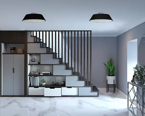 Staircase with storage and kitchen — AK Construction