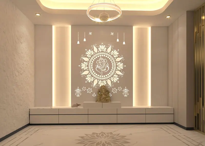 Puja wall and TV unit design with backlit panels — AK Construction