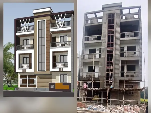 3D design next to the actual building under construction — AK Construction